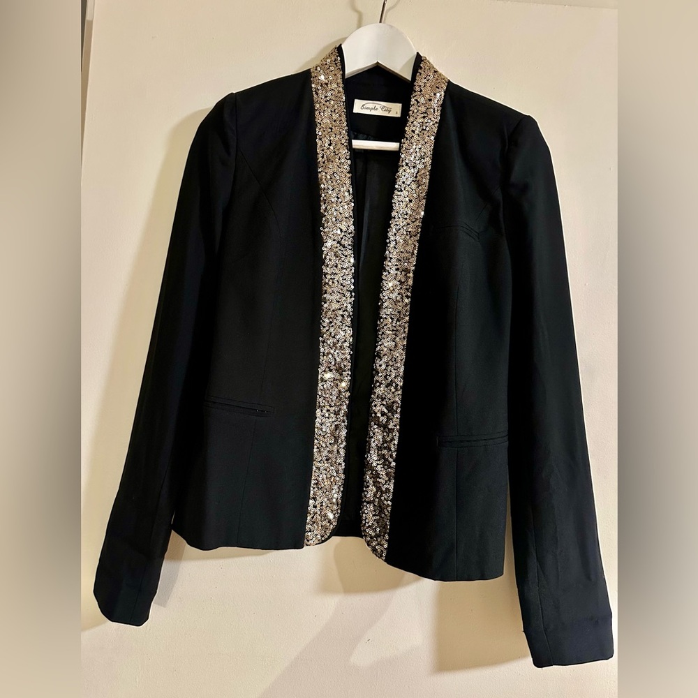 Black Sequin Lapel Blazer Jacket Size Small Evening Party